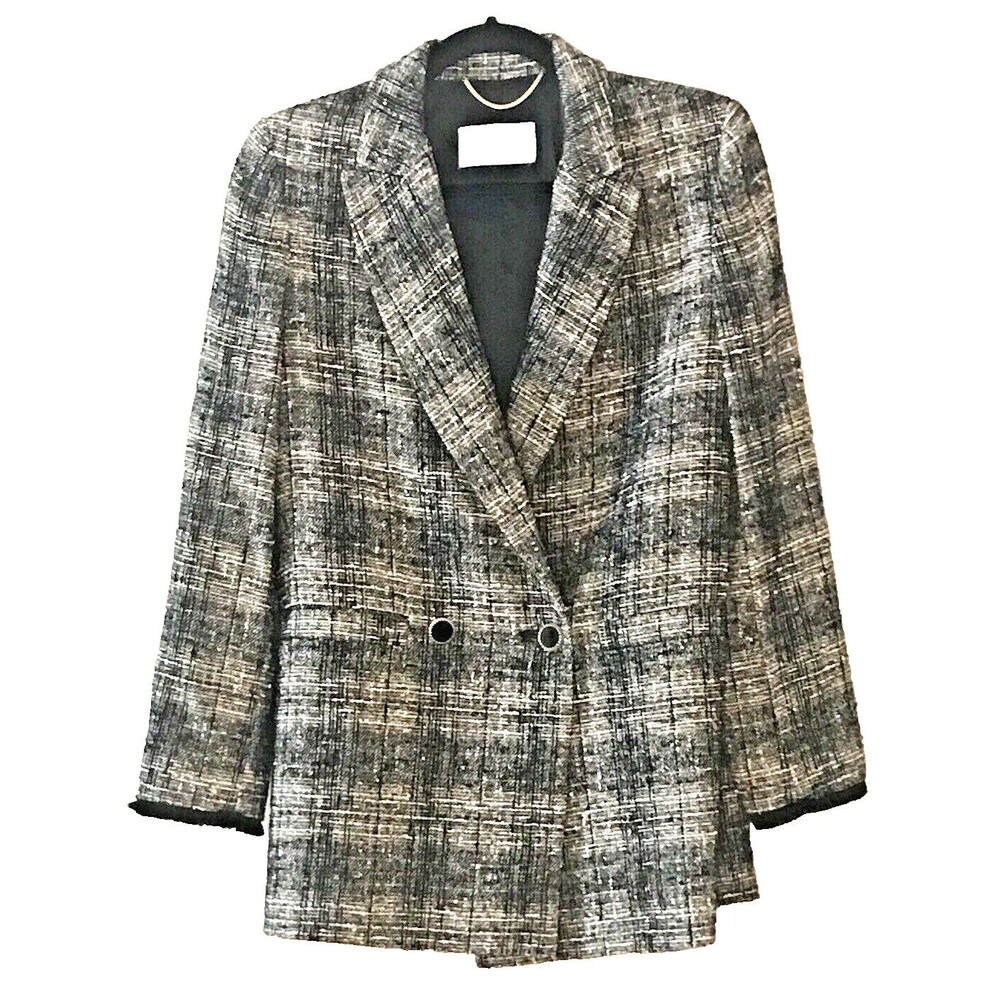 Womens Marella Blazer 2 Black & White Plaid Tweed  Gold Thread Double Breasted